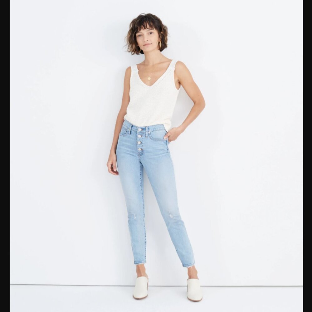 Madewell Mid Rise Skinny Crop Jeans in Asbury Wash Button Front 28 Ripped Knee